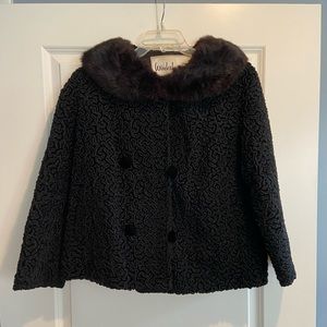 Vintage Black Textured Faux-Fur Collar Coat